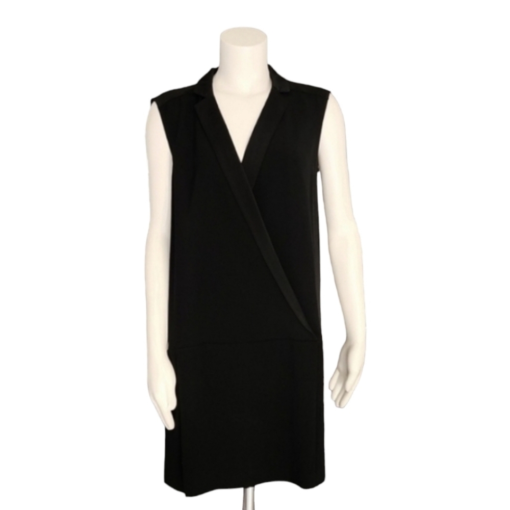 RACHEL ZOE Tuxedo Faux Wrap Shift Dress 8 M Satin Lapel Minimalist Black LBD - Picture 2 of 14